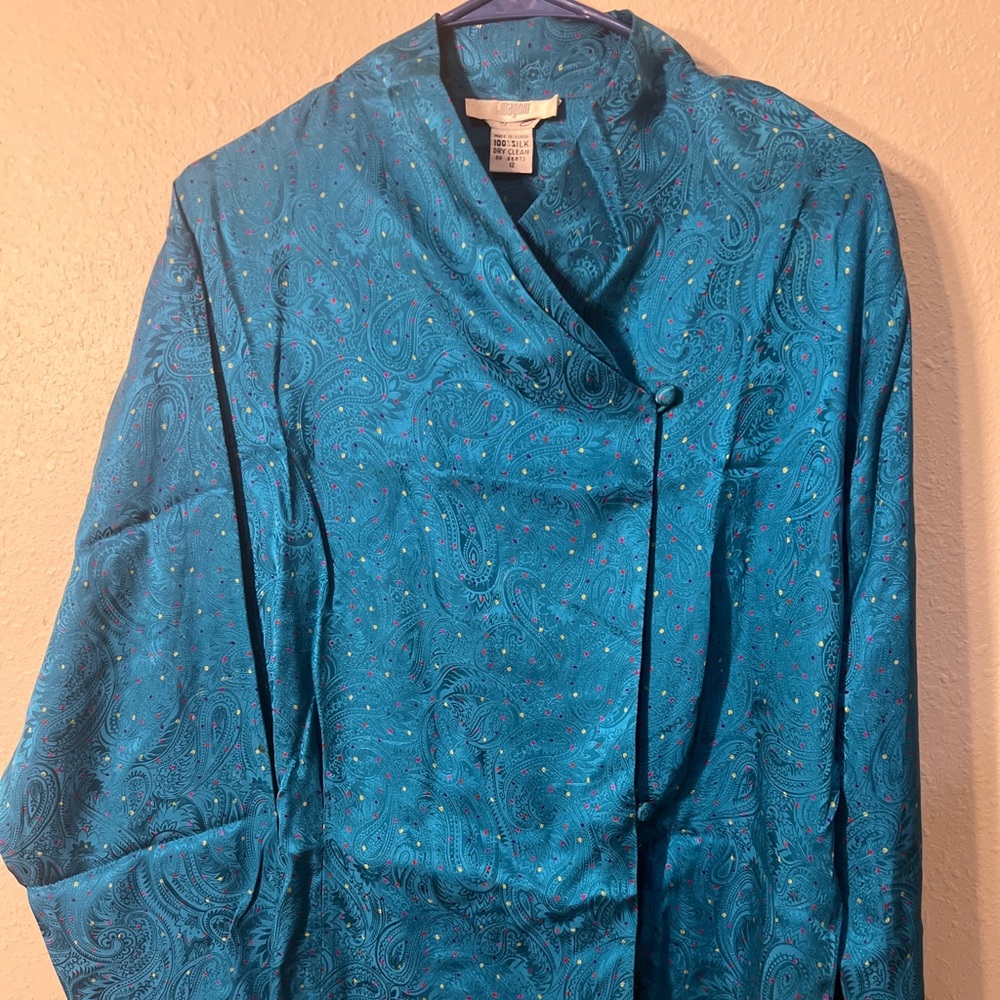 Vtg I.Magnin 100% Silk Kimono Styled Blouse Size 12 Woman’s Blue Paisley ￼